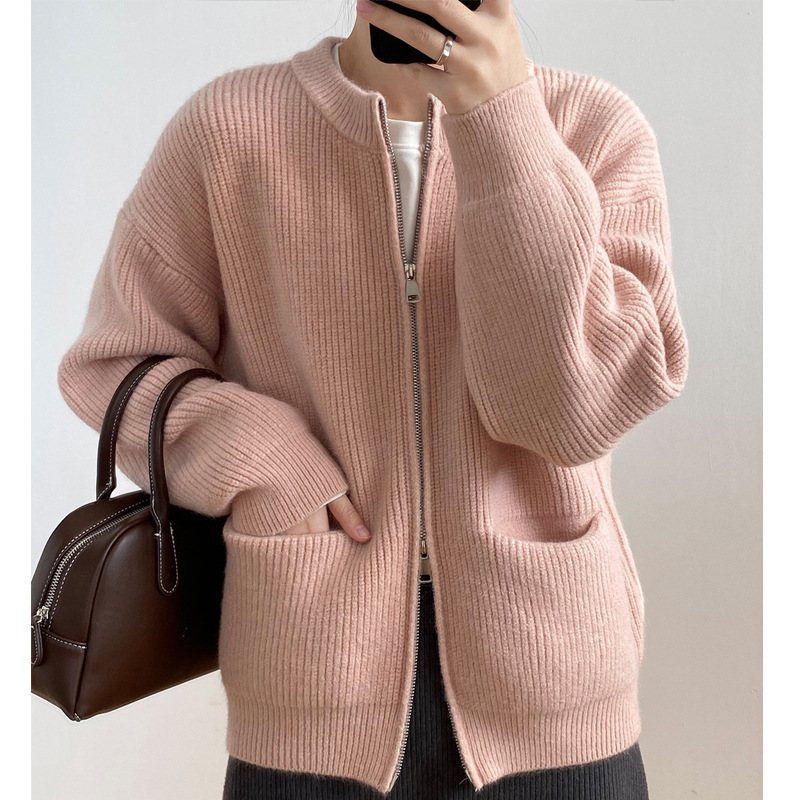Autumn Solid Color Double Zipper Knitted Cardigan Women's Sweater Pink - Shop at LoveMi