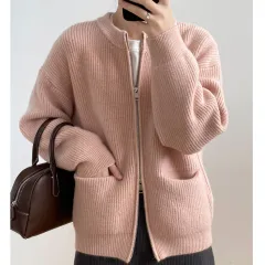 Autumn Solid Colour Double Zipper Knitted Cardigan Women's Sweater - Pink - View 1