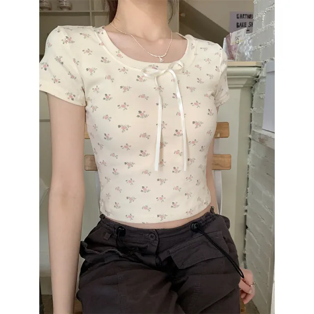 Niche Sweet Round Neck Tied Bow Shoulder Short Sleeve Top For Women Apricot Bottom Big Flower - Shop at LoveMi