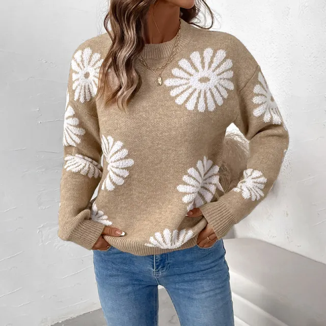 Women's Long Sleeve Round Neck Flower Sweater Loose Khaki - Shop at LoveMi