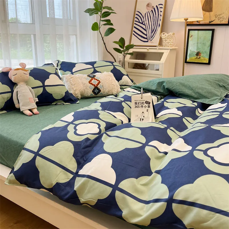 Washed Cotton Bed Sheet Quilt Cover Four-piece Set - Slow Melody B
