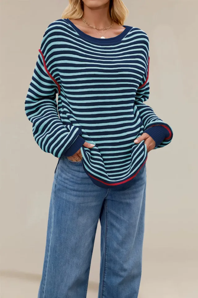 Round Neck Pullover Loose fitting Long Sleeves Sweater Navy Blue - Shop at LoveMi
