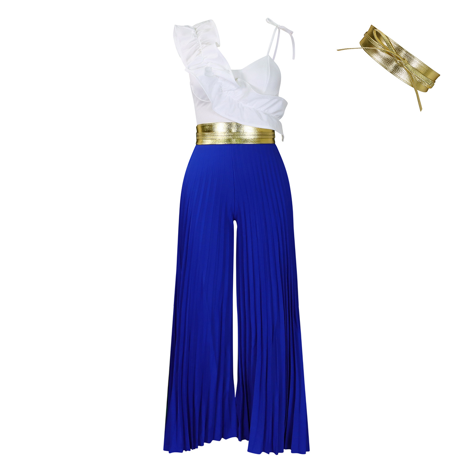 Top Wide Leg Pants Fashion Suit Blue Belt - Shop at LoveMi