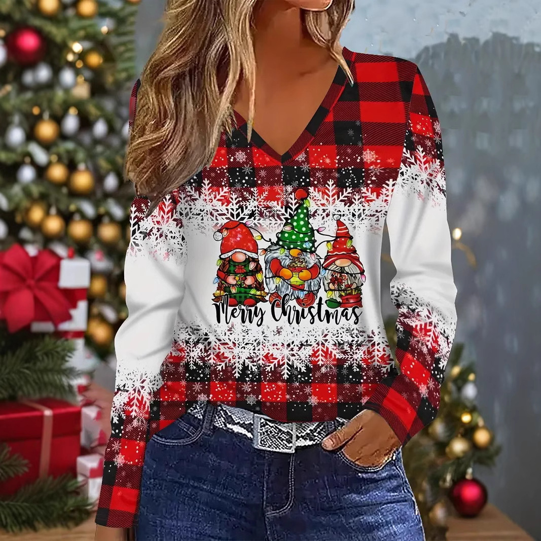 Autumn New Casual Christmas Pattern Long Sleeve V-neck T-shirt