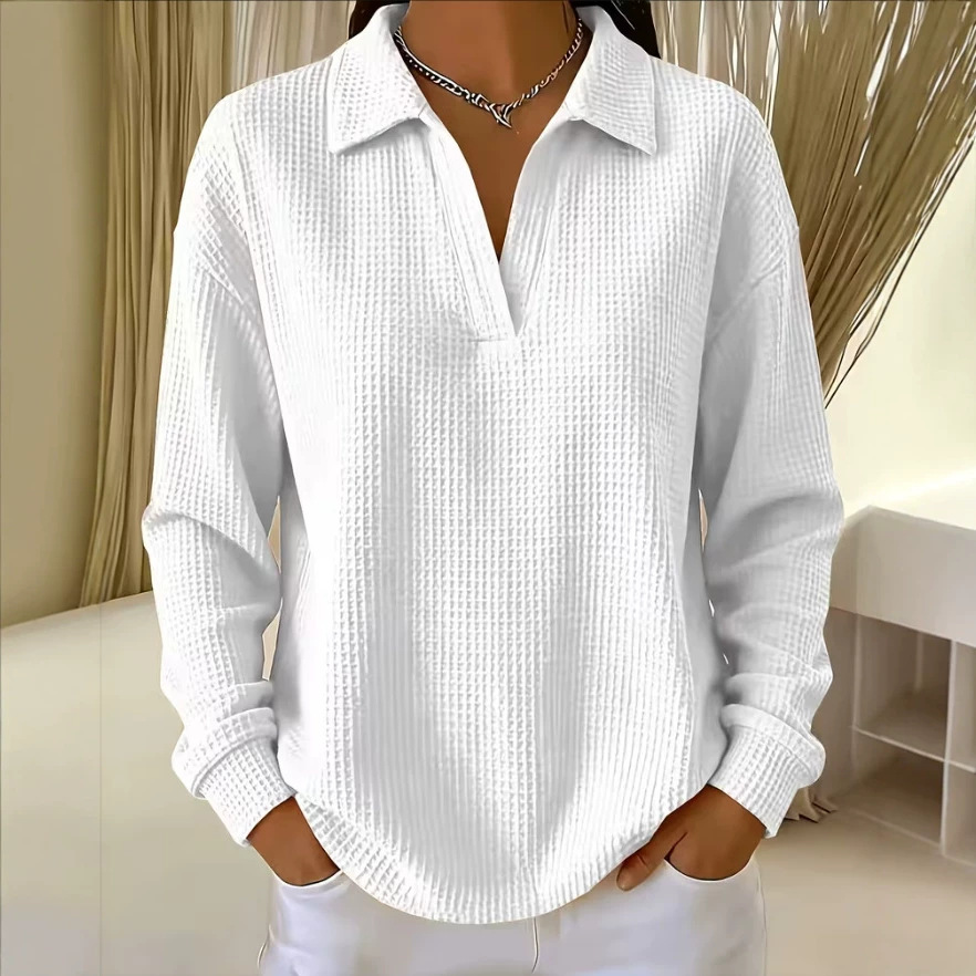 V-neck Waffle-knit Long-sleeve Loose-fit Plus-size Womens Top