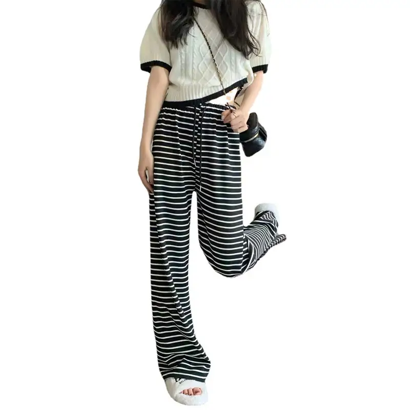 Women's Ice Silk Straight Black And White Striped Casual Pants