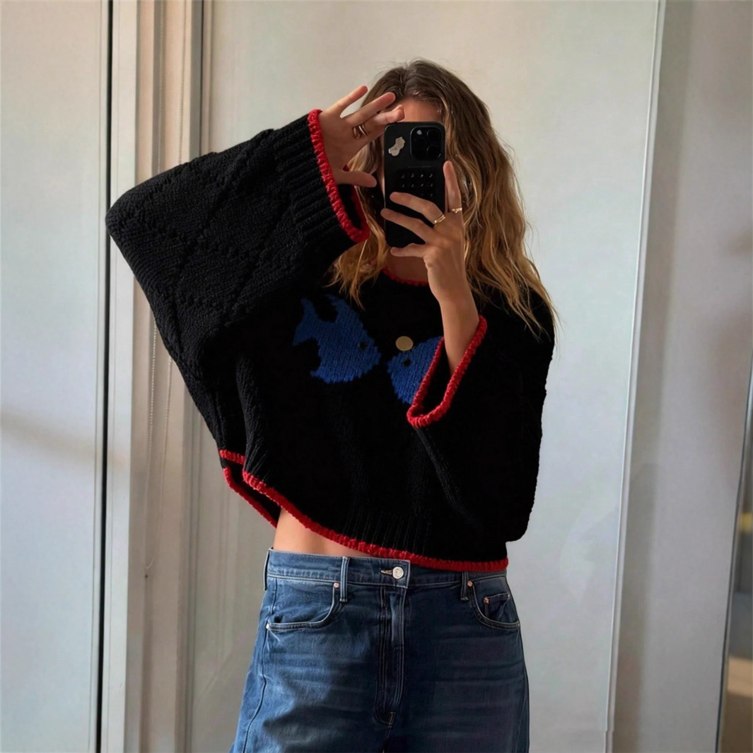 Retro Contrasting Color Jacquard Knit Loose Casual Sweater