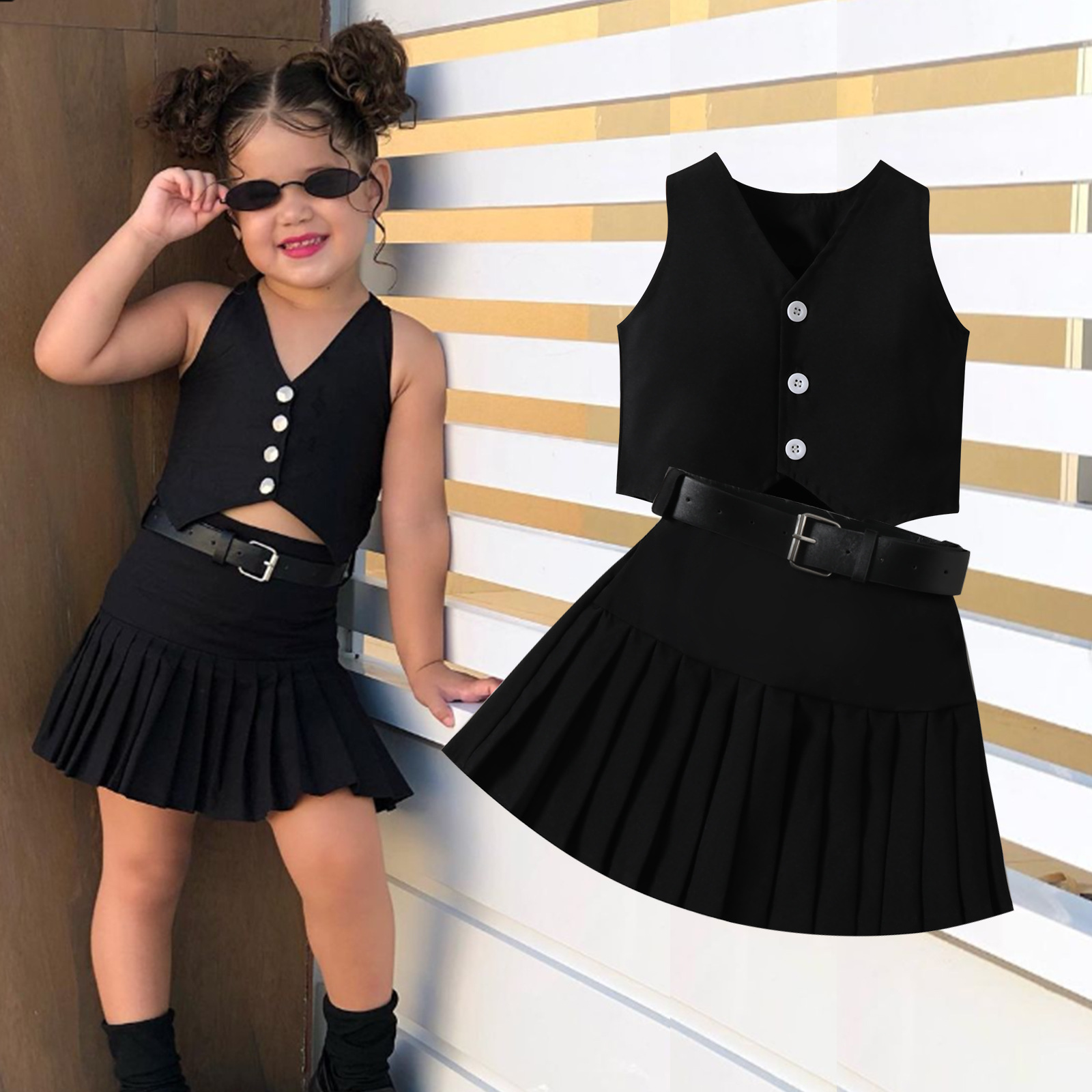 Girls' Fashionable V-neck Solid Color Single-breasted Vest Top Pleated Skirt Belt Three-piece Set - Image 7