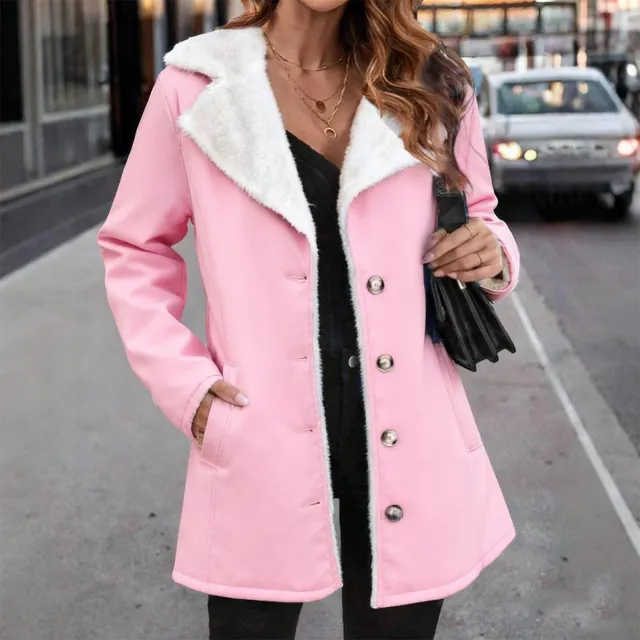 Women's Solid Color Plush Lapel Mid length Coat Glittering Powder L - Shop at LoveMi