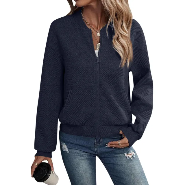 Long Sleeve Zipper Decorations Cardigan Solid Color Coat Navy - Shop at LoveMi