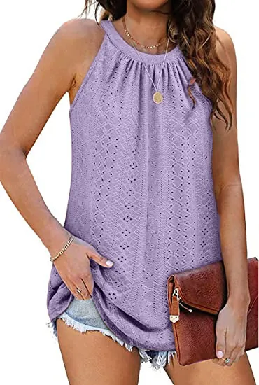 New Women's Vest Shirt Loose High Collar Sleeveless Hollow Top Purple - Shop at LoveMi