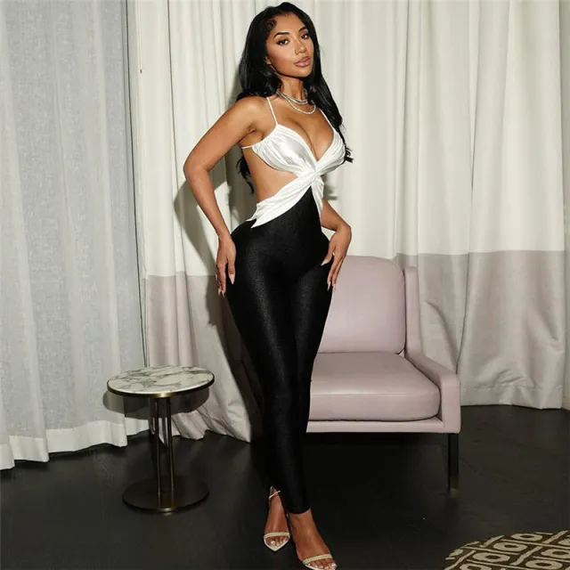 Summer Women's Backless Contrast Color High Waist Tight Slimming One piece Trousers Black - Shop at LoveMi