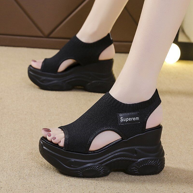 Knitted Peep-toe Shoes Fairy Style Platform Flyknit Wedge Heel Thick Sole