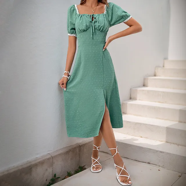 Lace Trimmed Square Neck Slit A Line Dress Green - Shop at LoveMi