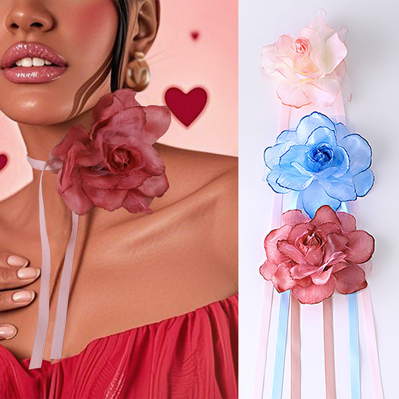 Fabric Flower Long Necklace Valentine's Day