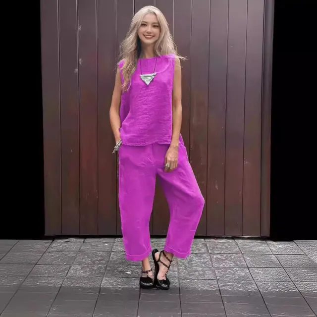 Cotton And Linen Fashion Casual Loose Top Trousers Suit Purple - Shop at LoveMi