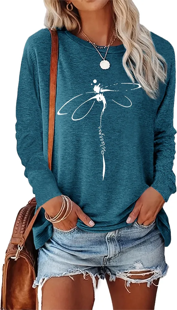 Dragonfly Pattern Round Neck Long Sleeve Women's T shirt Tops Peacock Blue - Shop at LoveMi