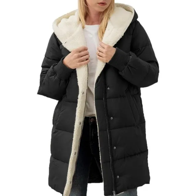 European And American Solid Color Hooded Cotton Jacket Long Sleeve Double sided Velvet Slim Elegant Cardigan Coat Black - Shop at LoveMi
