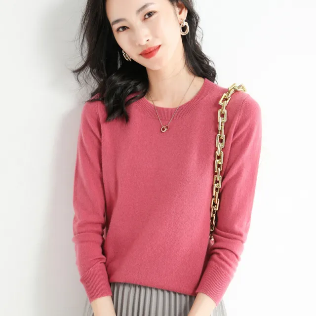Slim Fit Solid Color Round Neck Base Pullover Sweater Rose Pink - Shop at LoveMi