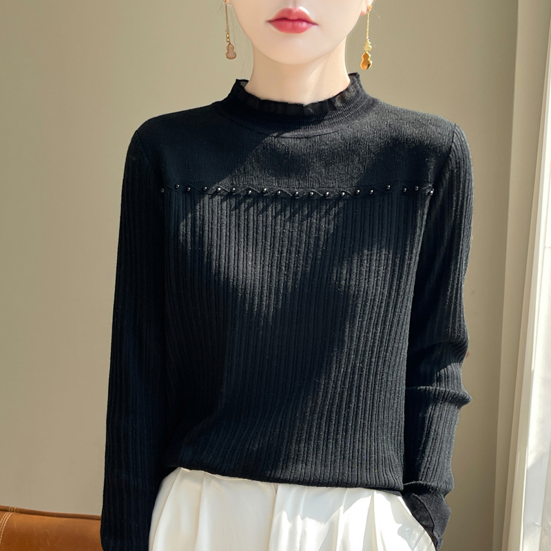 Women's Fashion Wool Lace Bottoming Shirt Black - Shop at LoveMi