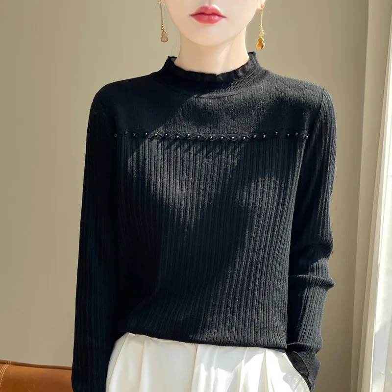 Women's Fashion Wool Lace Bottoming Shirt - Black