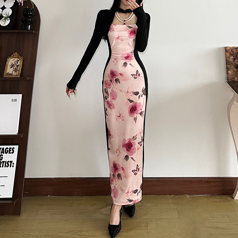 Retro Hot Girl Printing Color Contrast Slim Fit High Waist Long Sleeves Dress Women