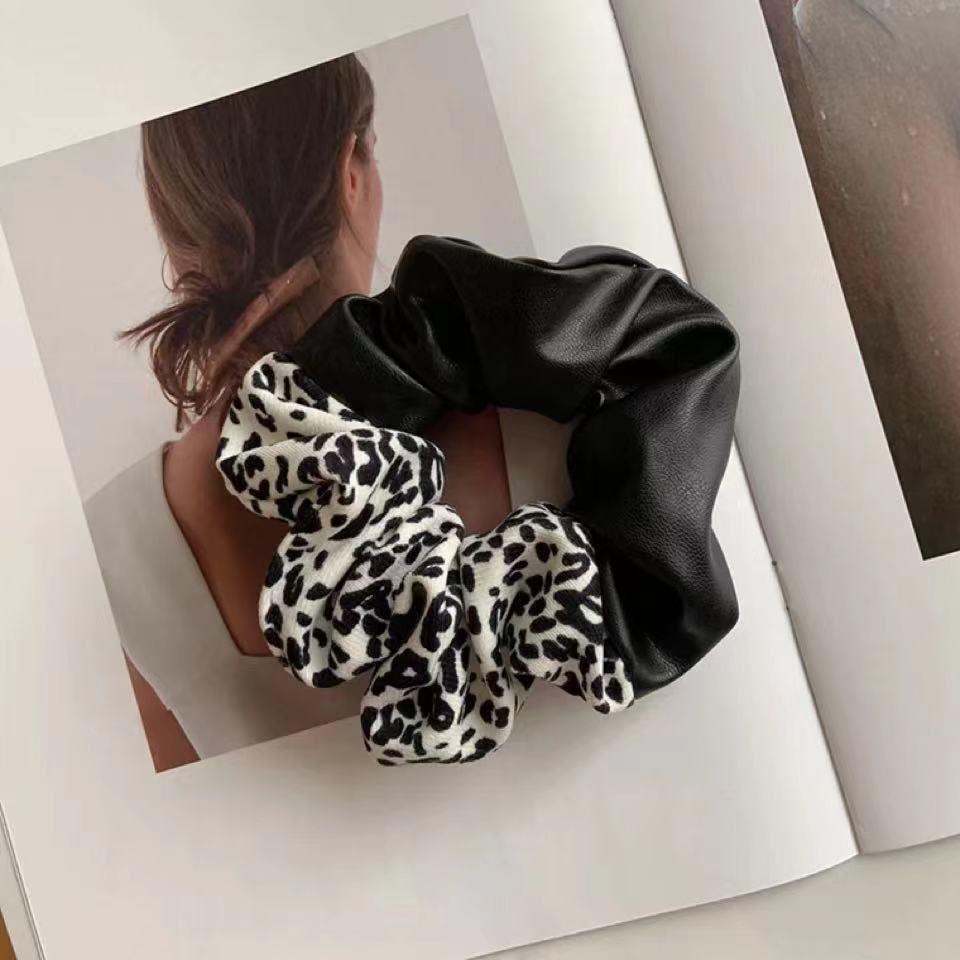 Leopard Print Leather Stitching New Color Block Large Intestine Hair Ring Stitching Black - Shop at LoveMi