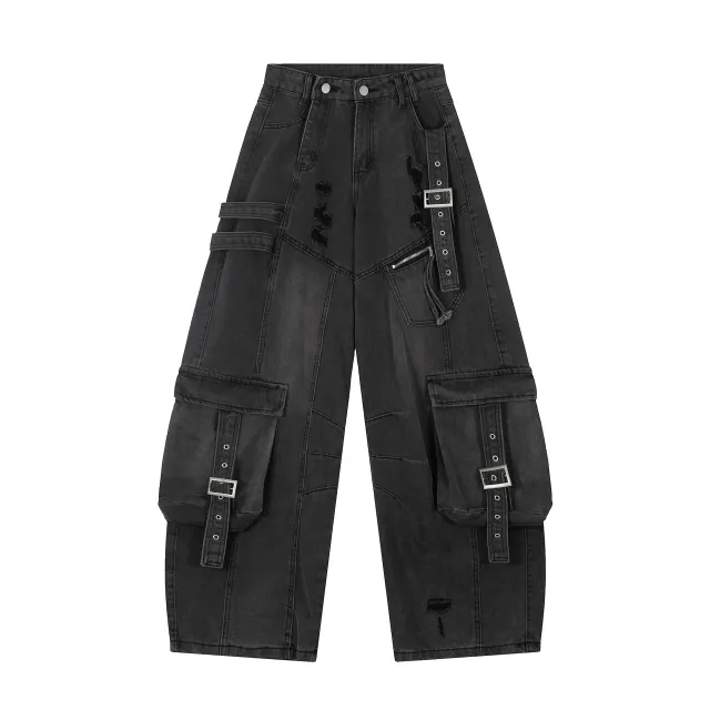 Women's Straight Loose Multi pocket Cargo Jeans Black - Shop at LoveMi