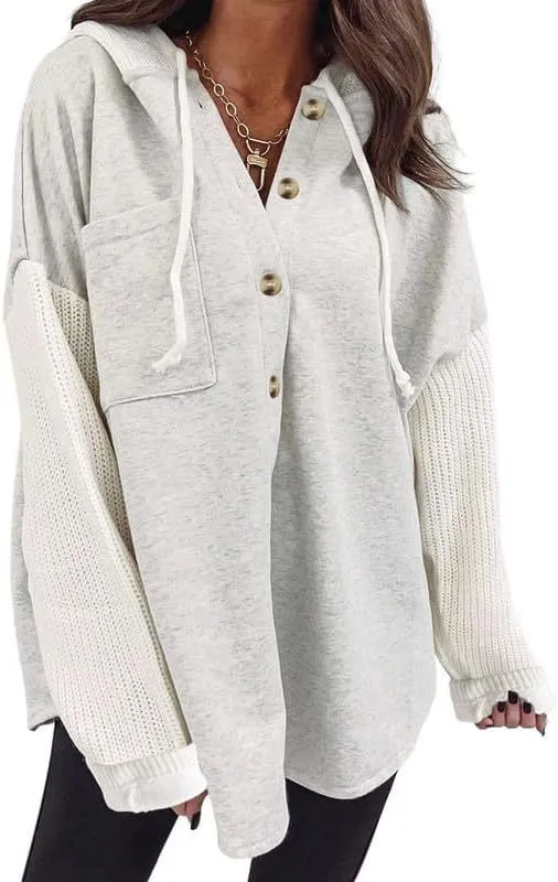 Women's Loose Long Sleeve Button Hooded Sweatshirt Flower Gray - Shop at LoveMi