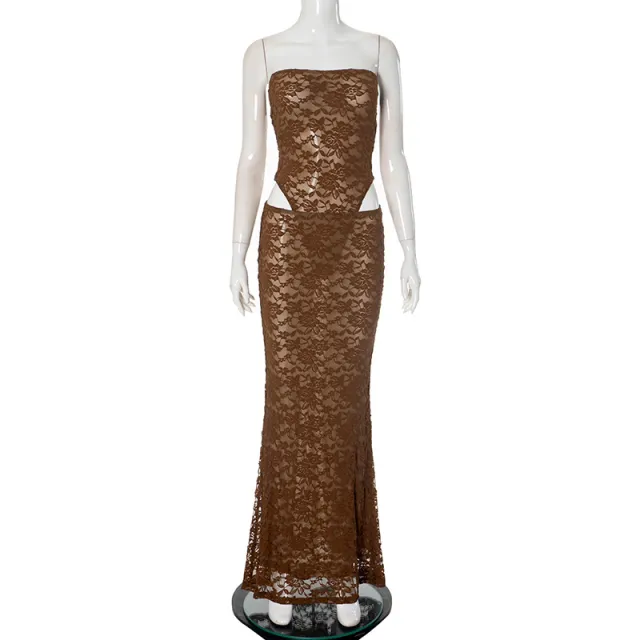Lace Stitching Tube Top Jumpsuit Package Hip Skirt Two piece Set Brown - Shop at LoveMi