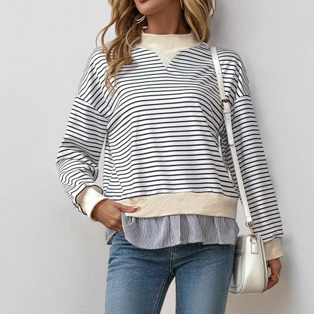 Women's Long sleeved T shirt Round Neck Striped Stitching White - Shop at LoveMi