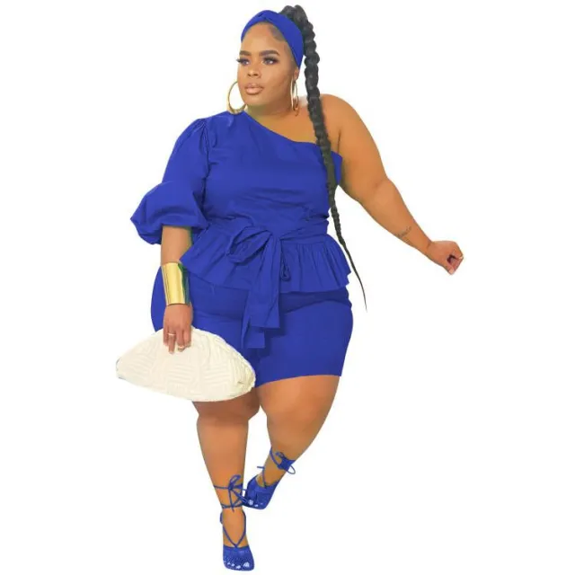 European And American Plus Size Fashion One shoulder Ruffled Tied Two piece Women's Clothing Blue - Shop at LoveMi