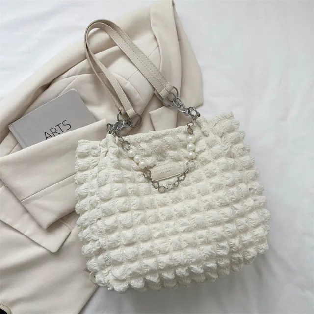 Simple Pleated Shoulder Bag Female Underarm Bag Commuter Tote White - Shop at LoveMi