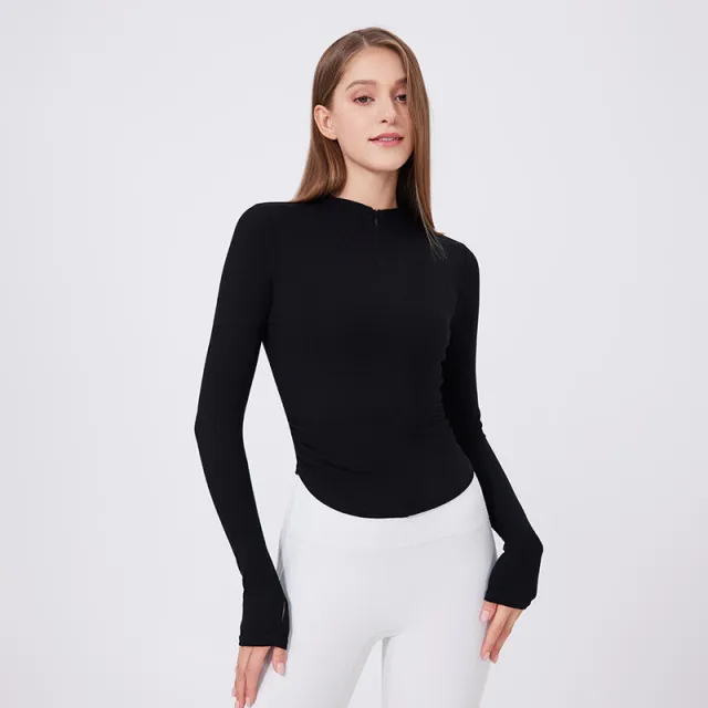Small Waist Half Zipper Yoga Clothes Women's Workout Clothes Sports Top Pilates Training Wear Long Sleeve Blouse Autumn Black - Shop at LoveMi