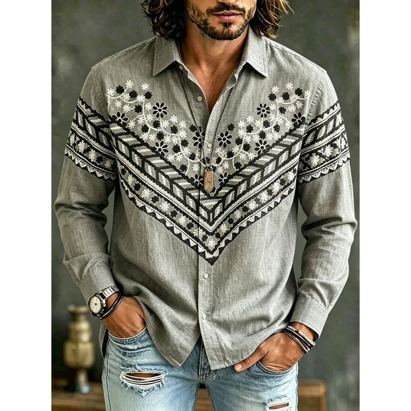 Men's Digital-Print Retro Floral Casual Shirt