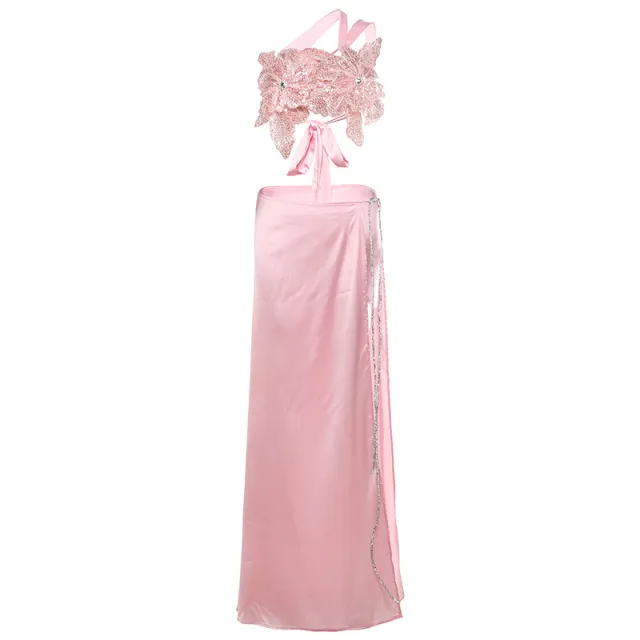 Backless Sequined Lace up Top Split Solid Skirt Suit Pink - Shop at LoveMi