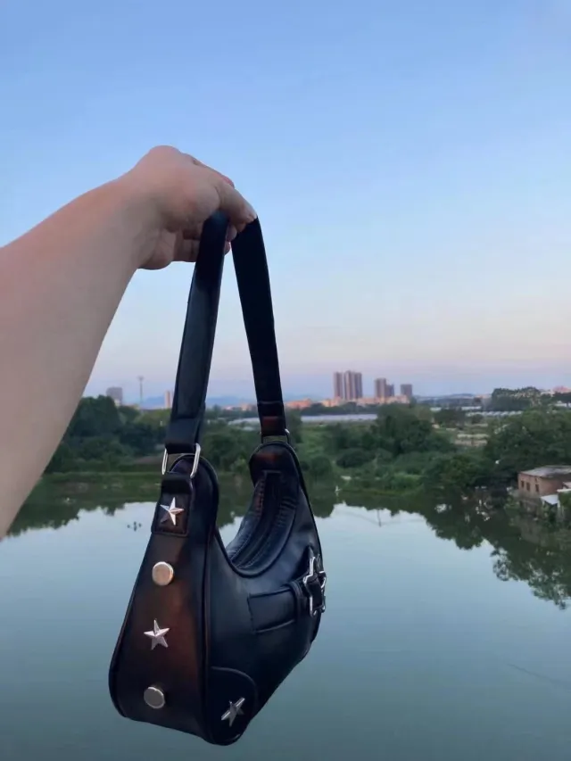 Baguette Bag Female Underarm Bag PU Leather Star Bag Black - Shop at LoveMi