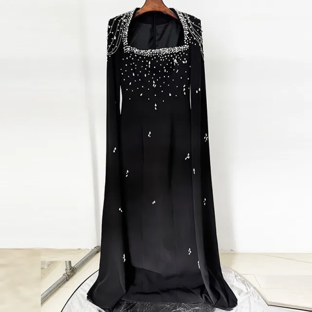 Beaded Lanyard Shawl Sleeve And Floor Long Dress Black - Shop at LoveMi
