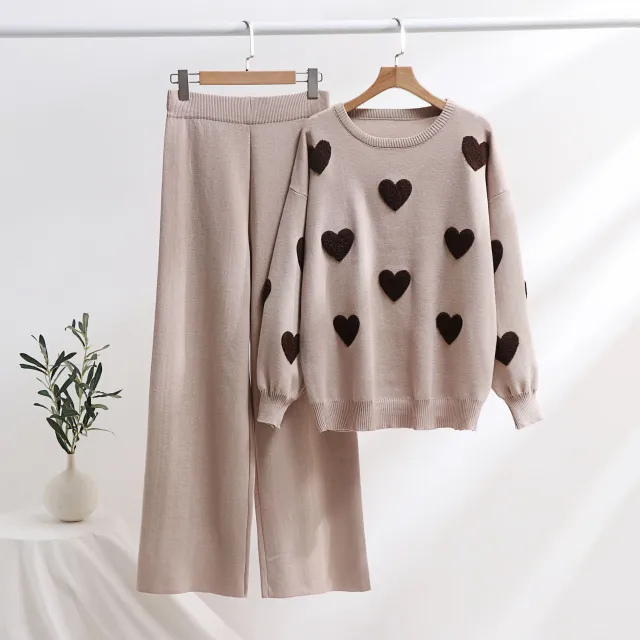 Heart Knitted Pants Outfit Top Two piece Set Khaki - Shop at LoveMi