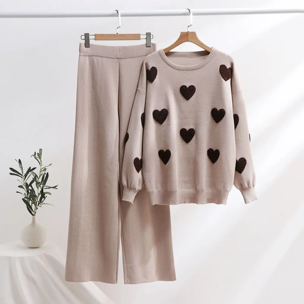 Heart Knitted Pants Outfit Top Two-piece Set - Khaki