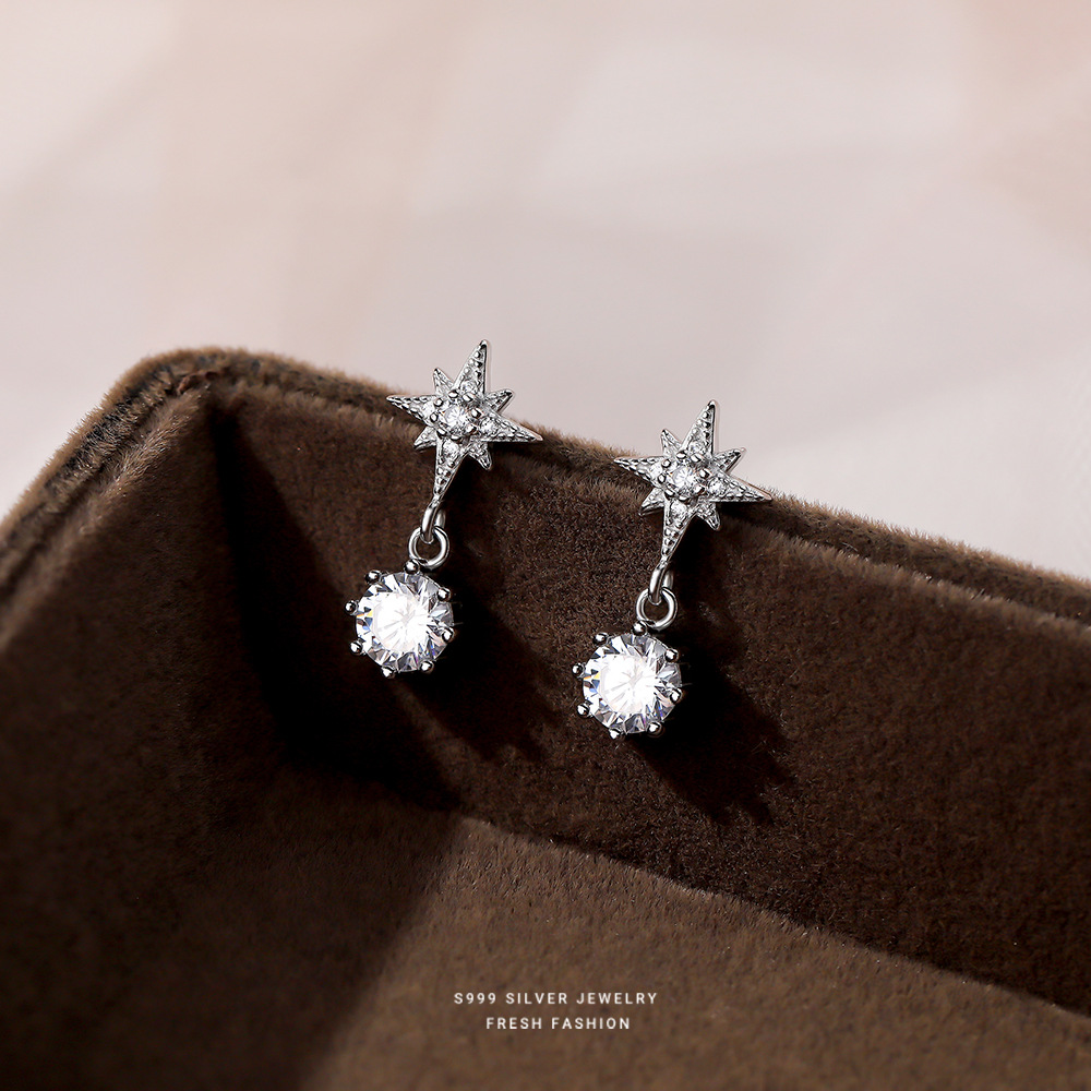 S999 Pure Silver Eight Awn Star Zircon Earrings Super Shiny Temperament Personality