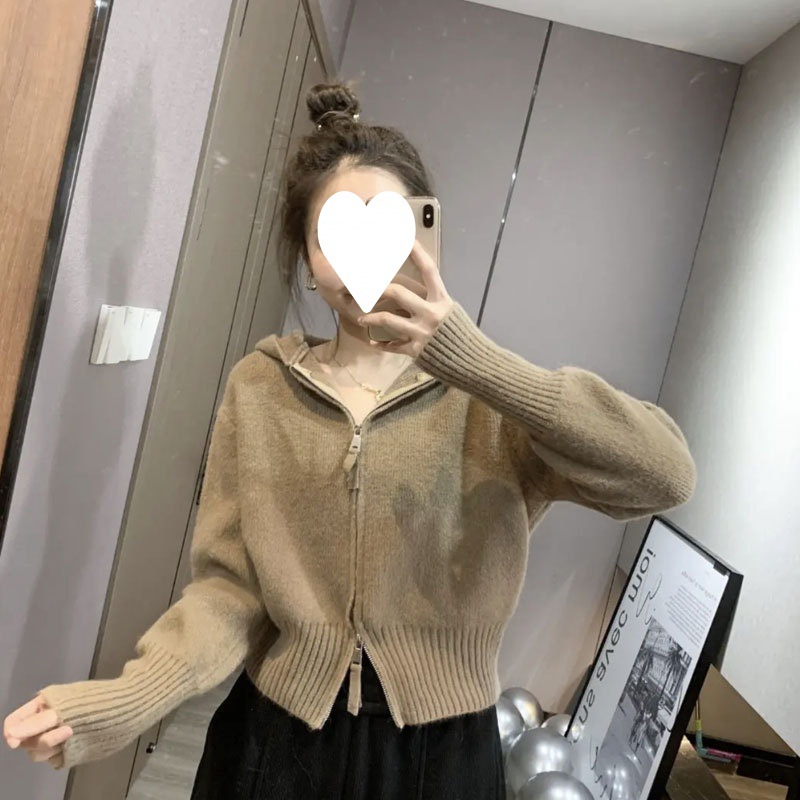 Women's Double Zipper Sweater Coat Cardigan Khaki - Shop at LoveMi