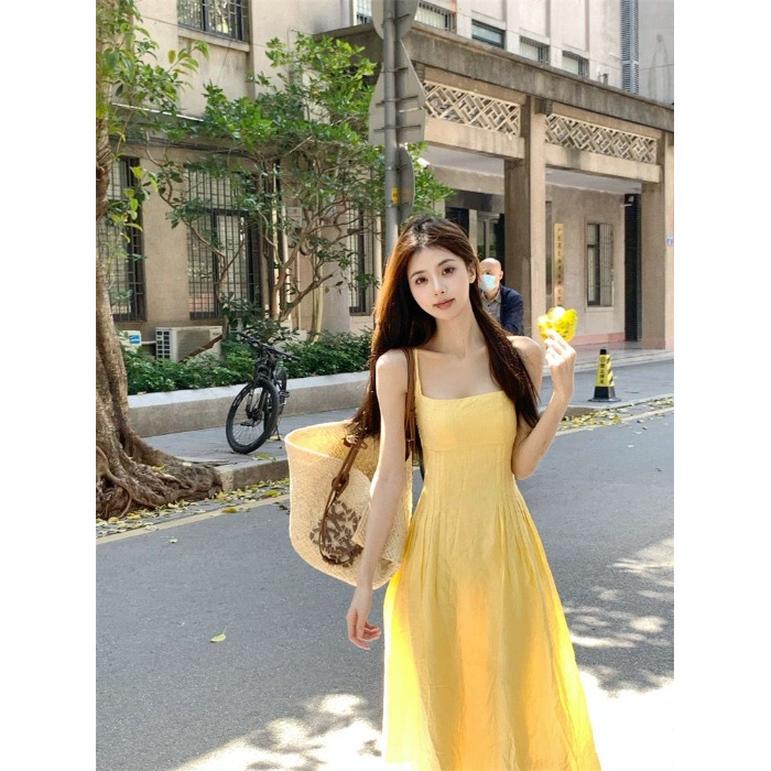 Small Yellow Gallus Dress Women's Clothing Summer New Waist tight Temperament Long Dress Seaside Vacation Skirt Yellow - Shop at LoveMi