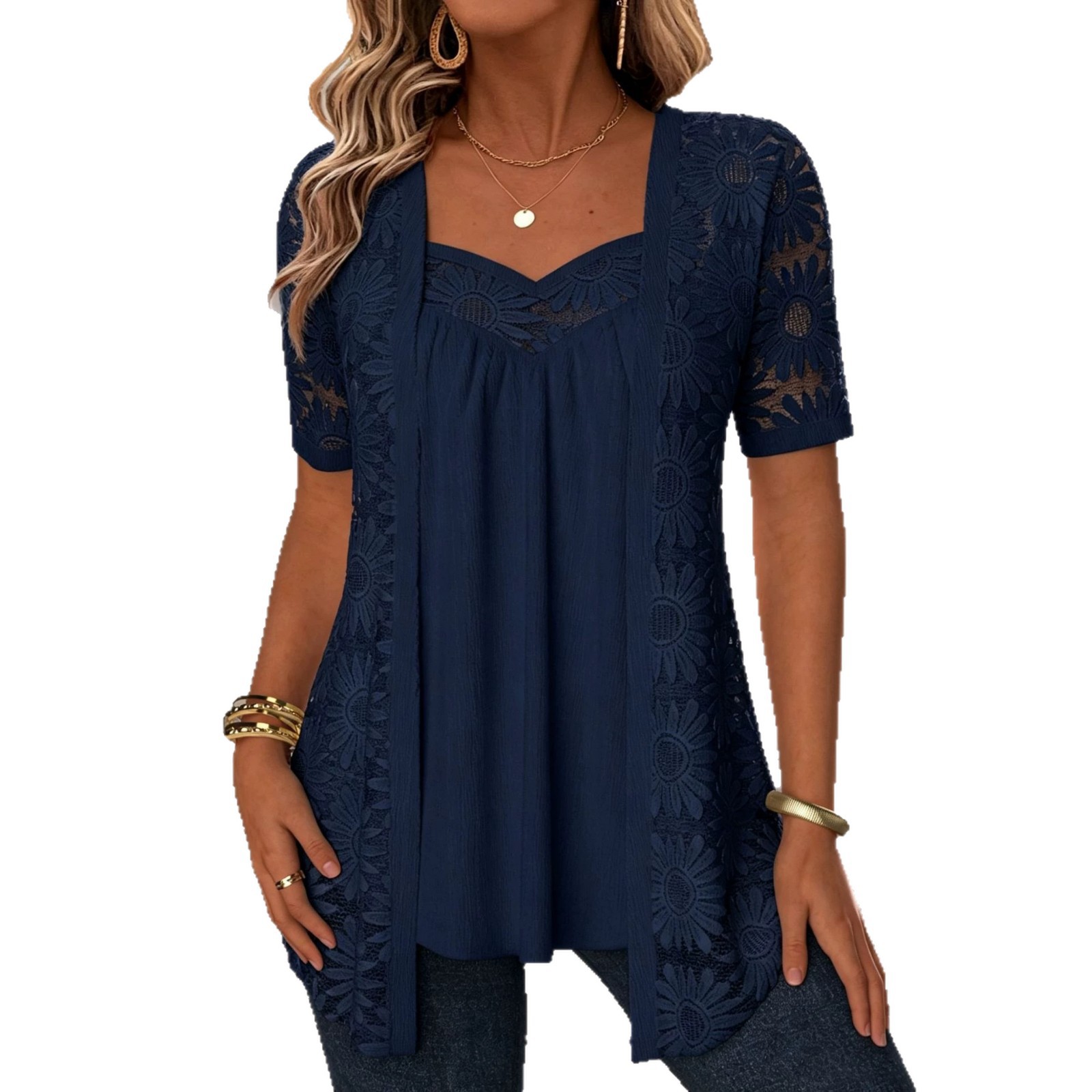 Womens Fashionable Floral-pattern Lace Mesh Hollow-out Trim Faux Two-piece Top — foto 2