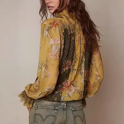 Zip-front Pleated Floral Chiffon Blouse