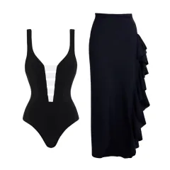 V-neck Black And White Stitching Simple One-piece Swimsuit Suit Women - Black - View 1
