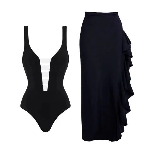 V neck Black And White Stitching Simple One piece Swimsuit Suit Women Black - Shop at LoveMi