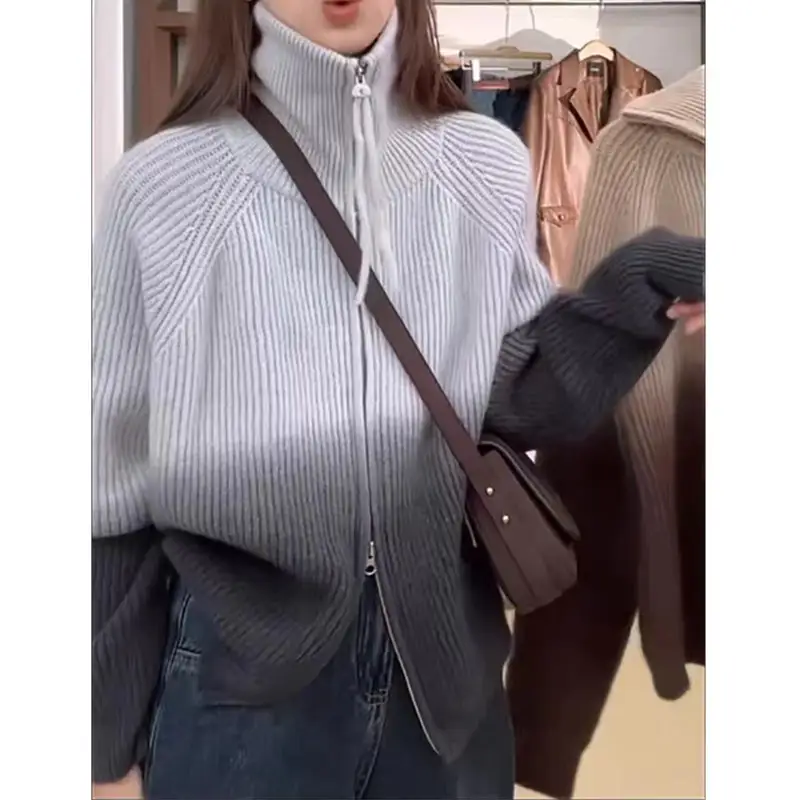 Gradient Color Elegant Knitted Cardigan Lapel Loose Zip Slimming Sweater