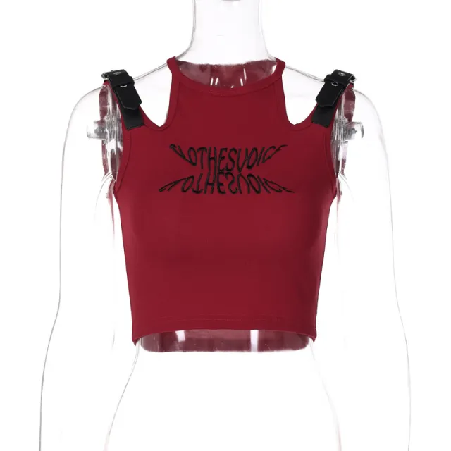 Letter Embroidery Stitching Camisole Sleeveless Red - Shop at LoveMi