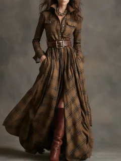 Ins Plaid Print Long-Sleeved Dress Fashion Pockets Collared Buttons Shirt Long Dresses Retro Women's Clothing - Khaki - View 1
